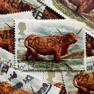 Può includere: Una collezione di francobolli raffiguranti una mucca delle Highlands. Il francobollo centrale mostra una mucca marrone e ispida con corna ricurve contro un paesaggio. Altri francobolli con immagini e testo simili sono sparsi.