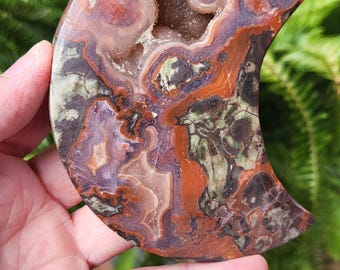 BEAUTIFUL Money agate crescent moon crystal with amazing sparkle drusy.