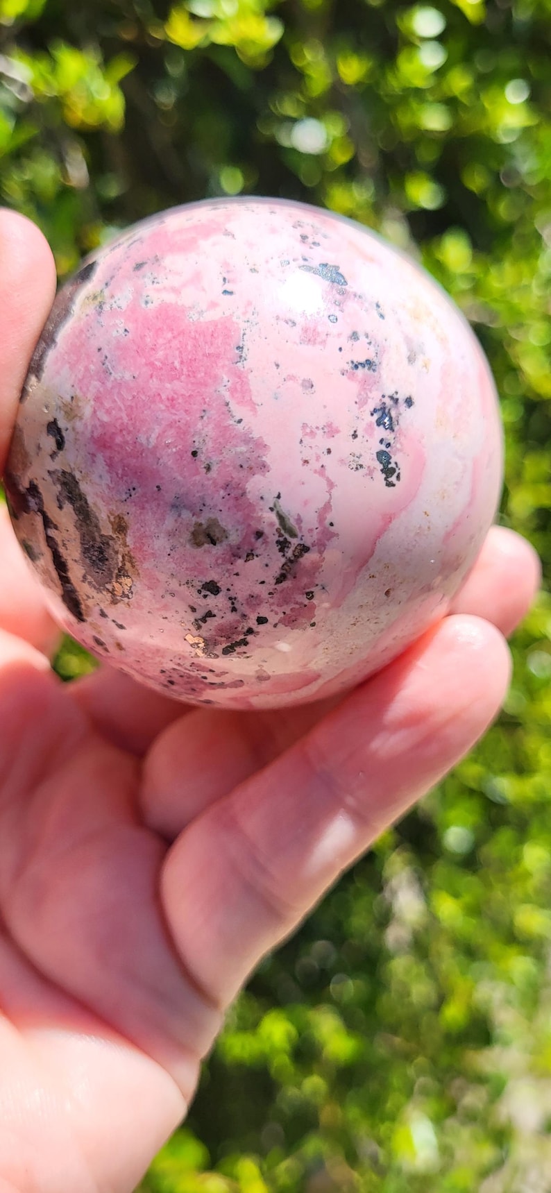 K&ouml;nnte beinhalten: Eine rosa und wei&szlig;e Kugel mit dunkelgrauen und schwarzen Markierungen. Die Kugel wird in einer Hand gehalten, mit einem verschwommenen gr&uuml;nen Hintergrund aus Bl&auml;ttern. Die Kugel ist wahrscheinlich ein Dekorationsartikel oder ein Kristall.