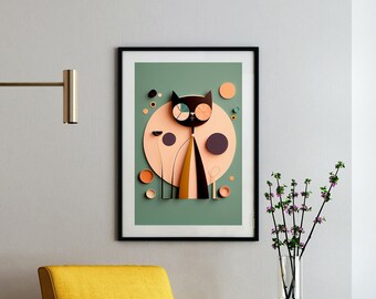 Mid Century Modern Cat Art Print, Black Cat Wall Décor, Retro Cats Art ...