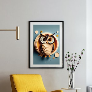Retro Owl Art Print, Decoración de pared, Cartel de arte abstracto, Vintage Owl Lover, Nature Lover, Mid Century Modern, Art Deco, Cozy Home