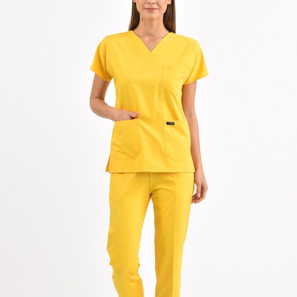Customizable Yellow Lycra Breathable Scrubs Set, Medical Scrubs, Nurse Uniform, Hospital Uniform, Doctor Uniform, Spa Uniform, High Quality