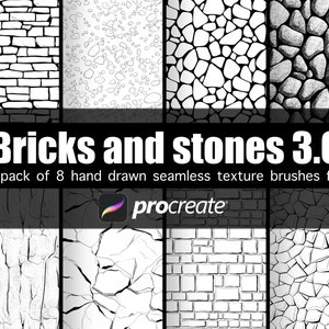 May include: A set of 8 black and white hand-drawn seamless texture brushes for Procreate, featuring different brick and stone patterns.