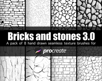 Bricks and stones seamless hand drawn textures Procreate brushes pack of 8