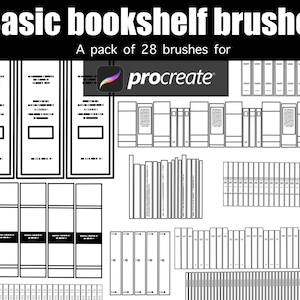May include: A set of 28 black and white bookshelf brushes for Procreate. The brushes are designed to create realistic bookshelf illustrations.