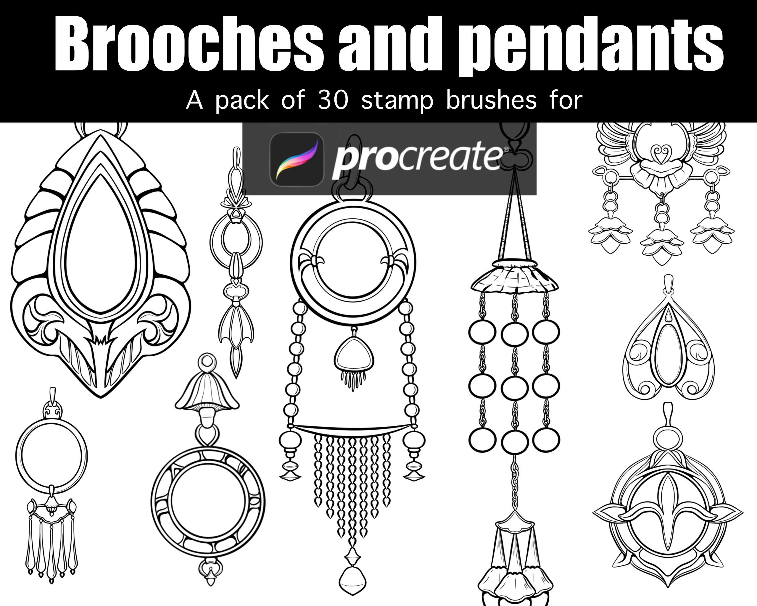 Pendants, Brooches & Earrings Procreate Stamp Brushes – 30 Hand-Drawn Jewelry Stamps