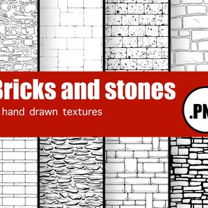 Puede incluir: Ocho texturas de ladrillo y piedra dibujadas a mano en blanco y negro. Las texturas son sin costuras y se pueden usar para fondos, patrones u otros elementos de diseño. .PNG
