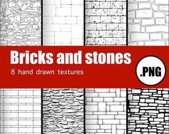 Bricks and stones hand drawn textures pack of 8 png transparent background