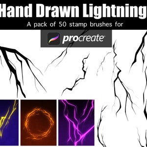 May include: A set of 50 hand-drawn lightning bolt stamp brushes for Procreate. The brushes are black and white and feature different styles of lightning bolts. The image also shows examples of the brushes in use, with different colors and effects.