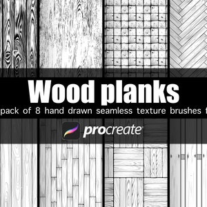 Op de afbeelding: Een set van 8 handgetekend naadloze houtplanken textuurpenselen voor Procreate. De penselen hebben verschillende houtnerfpatronen, waaronder horizontale, verticale en visgraat.