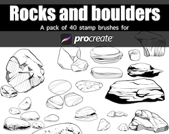 Rocks and boulders hand drawn stamp brushes Procreate lineart pack of 40