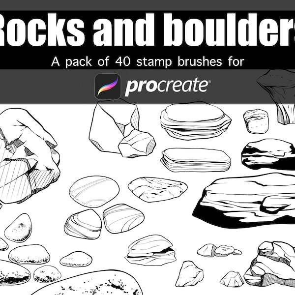 Rocks and boulders hand drawn stamp brushes Procreate lineart pack of 40