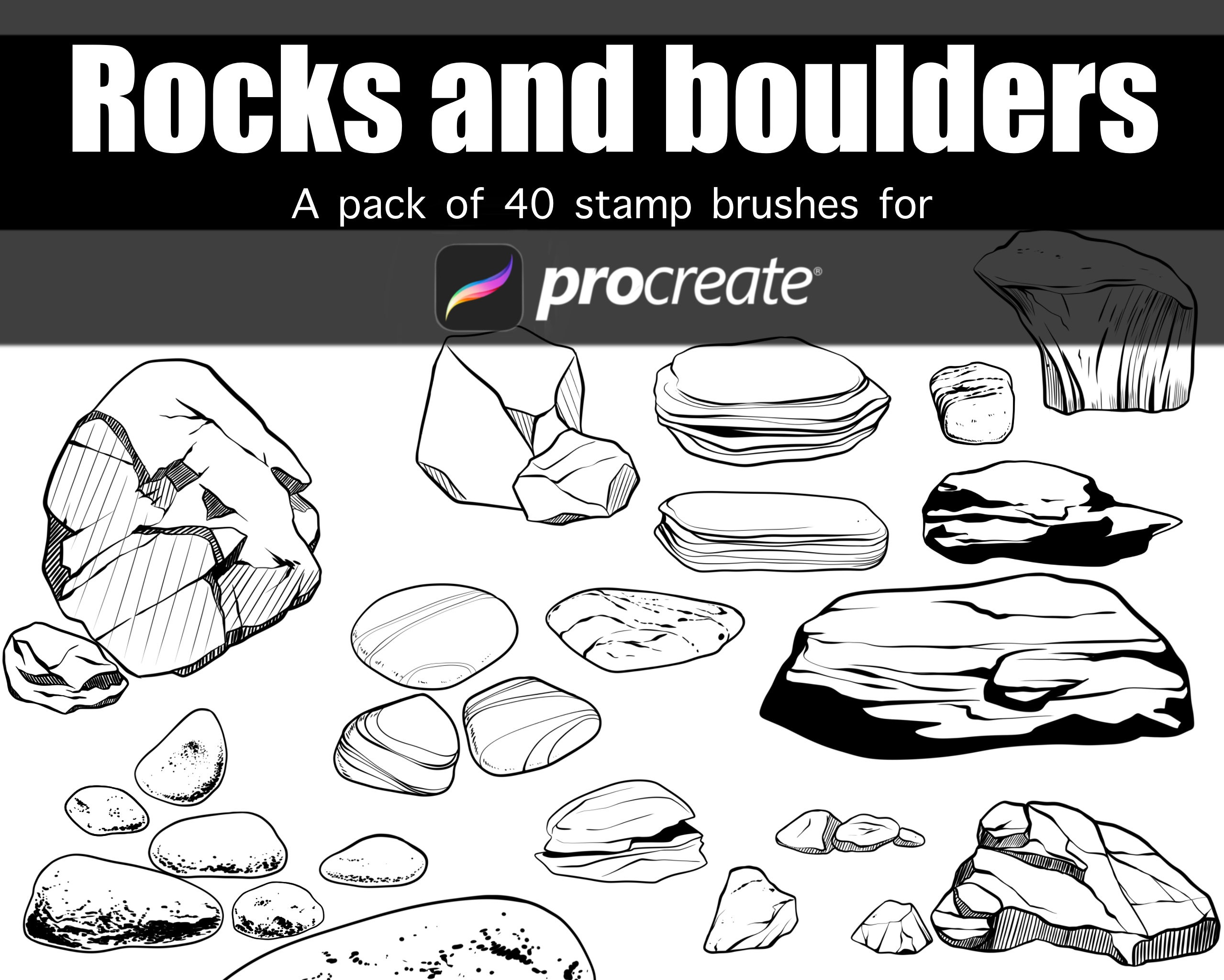 Rocks and Boulders Hand-Drawn Procreate Stamp Brushes – 40 Line Art Textures