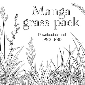 Könnte beinhalten: Schwarz-weiß-Linienzeichnung verschiedener Grasarten. Das Bild trägt den Titel "Manga grass pack" und enthält den Text "Downloadable set .PNG .PSD".