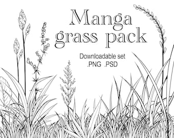 Manga grass pack black and white hand drawn downloadable png psd