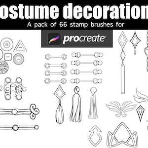 Puede incluir: Un conjunto de 66 pinceles de sello en blanco y negro para Procreate, con decoraciones de disfraces como botones, hebillas, borlas y alas.
