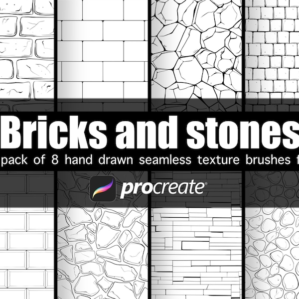 Bricks and stones hand drawn texture brushes for Procreate pack of 8