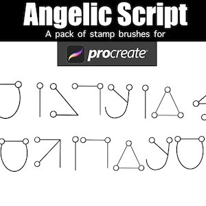 May include: Black and white image featuring the text "Angelic Script" and "A pack of stamp brushes for Procreate." Below the text are several abstract line drawings with circles at the ends, resembling stylized shapes and symbols.