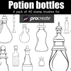 Puede incluir: Un conjunto de 40 ilustraciones en blanco y negro de botellas de pociones para usar como pinceles de sello en la aplicación Procreate. Las botellas son de varias formas y tamaños, incluyendo redondas, cuadradas y altas.