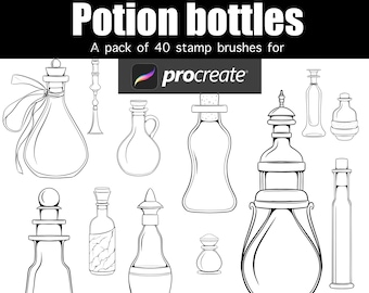 Potion bottles vials jars magical stamp brushes for Procreate pack of 40 witchy