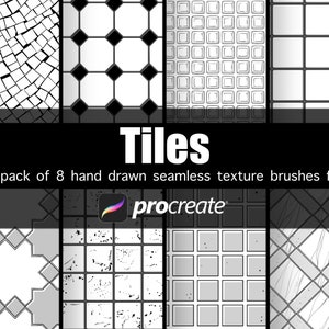 May include: A pack of 8 hand-drawn seamless tile texture brushes for Procreate. The brushes feature different tile patterns, including square, diamond, and geometric designs.