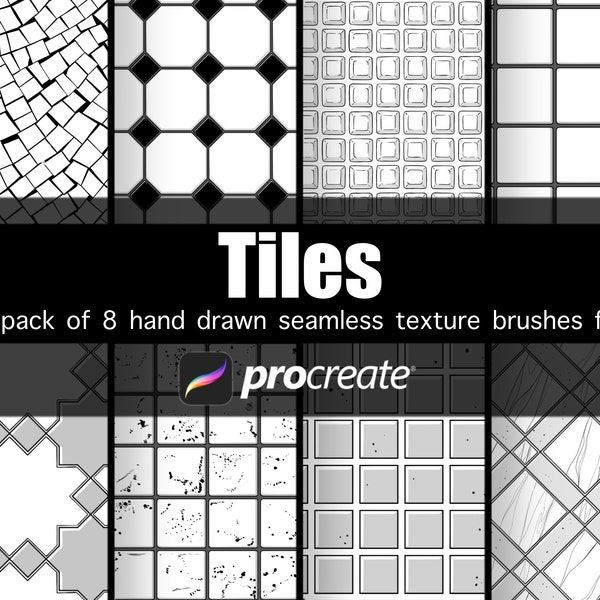 Hand drawn seamless tiles texture brushes for Procreate black and white
