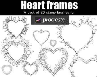 Heart frames hand drawn cards heart stamp brushes Valentine’s Day fantasy Procreate brushes pack of 20
