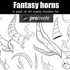 May include: A set of 40 black and white fantasy horn stamp brushes for Procreate. The brushes are designed for use in digital art and illustration.