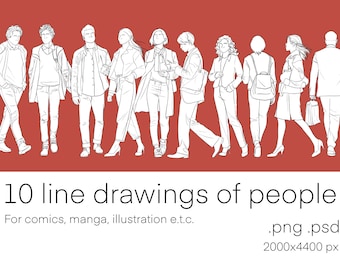 Flat drawings of people walking in the city autumn fashion. 10 characters digital download high resolution .png comic resource line art