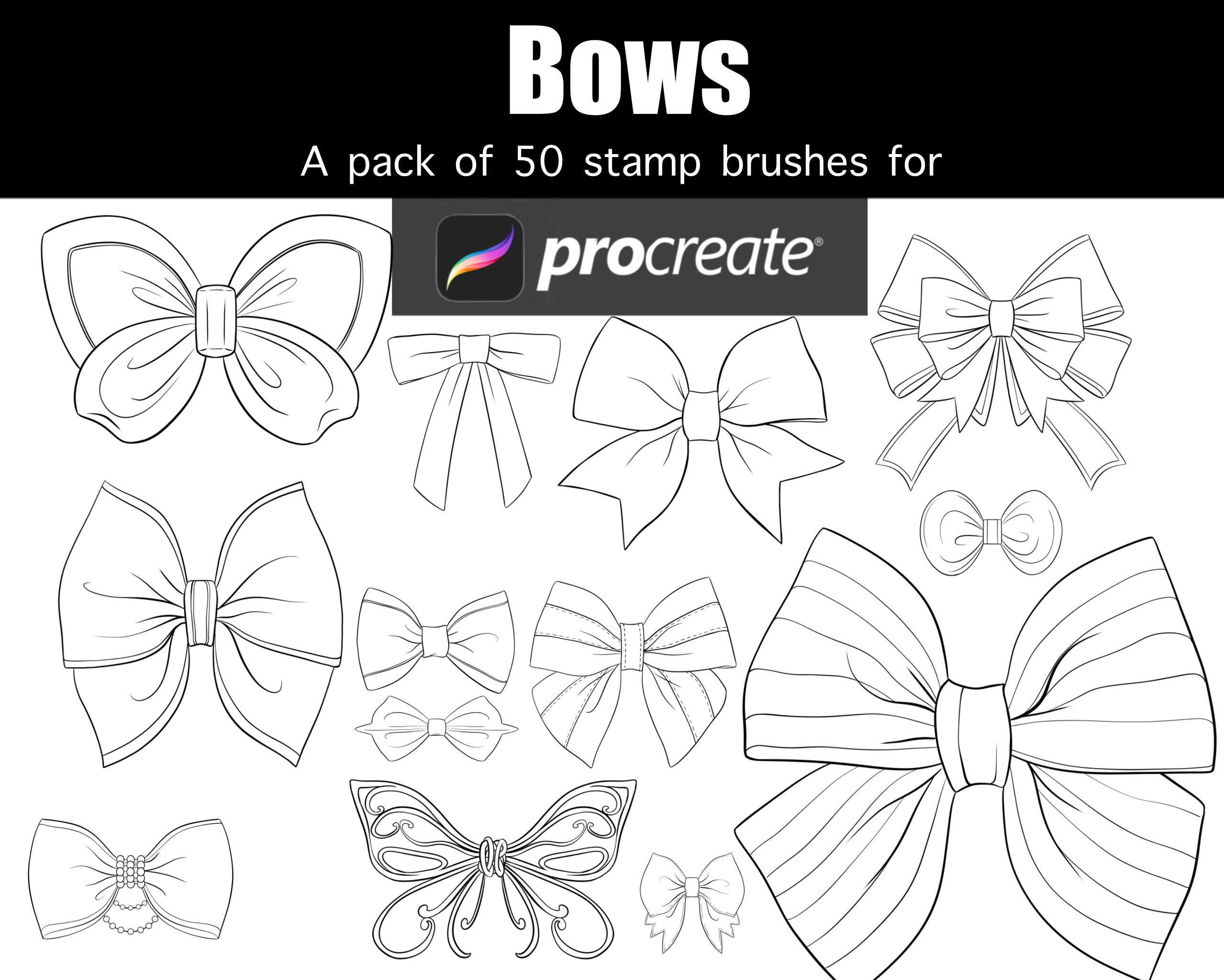 Cute bows Lolita manga stamp brushes for Procreate pack of 37