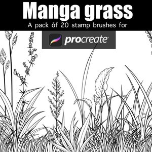 May include: A set of 20 black and white manga style grass stamp brushes for Procreate.