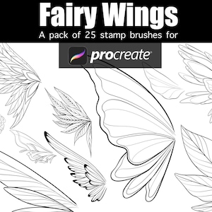 Könnte beinhalten: Ein Set mit 25 schwarzen und weißen Stempelpinseln für Feenflügel für Procreate. Die Flügel sind in verschiedenen Stilen gezeichnet, darunter zarte, komplizierte und kräftige.