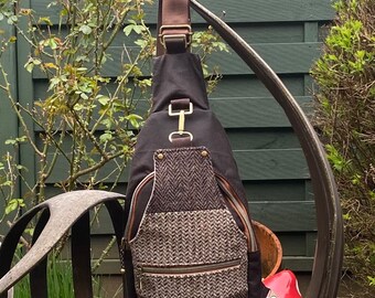 Retro Sling Crossbody bag in waxed canvas and Harris tweed. Funky bag. Unisex bag. Worn on left or right of body. Perfect  gift. Handmade