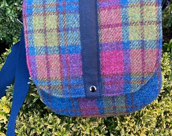 Mountain Saddle Bag in Harris Tweed. Beautiful Raspberry/blue check. Authenticity label. Worn crossbody or shoulder. Great gift for her.