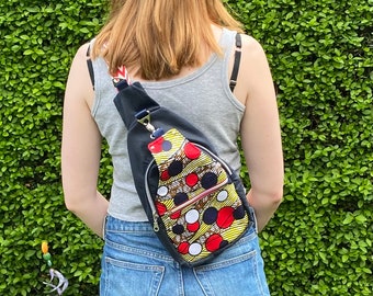 Retro Sling Crossbody bag in waxed canvas and colourful African fabric. Funky bag. Unisex bag. Worn on left or right of body. Perfect  gift.