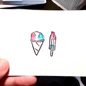 Rocket Pop and Snow Cone Linocut Print | Bomb Pop and Shaved Ice Relief Print | Tiny Summer Desserts Handmade Ink Watercolor Stamp Print