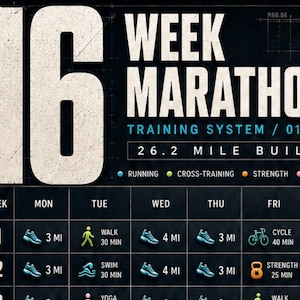 Pode incluir: Um gráfico de sistema de treino de maratona de 16 semanas com fundo preto e texto branco. A grelha mostra um plano de 26,2 milhas com ícones para corrida, treino cruzado, força e mobilidade, detalhando as atividades semanais.