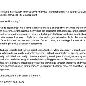 May include: A white paper with the title "Institutional Framework for Predictive Analytics Implementation." The document includes an executive summary and sections on introduction, problem statement, context, and scope.