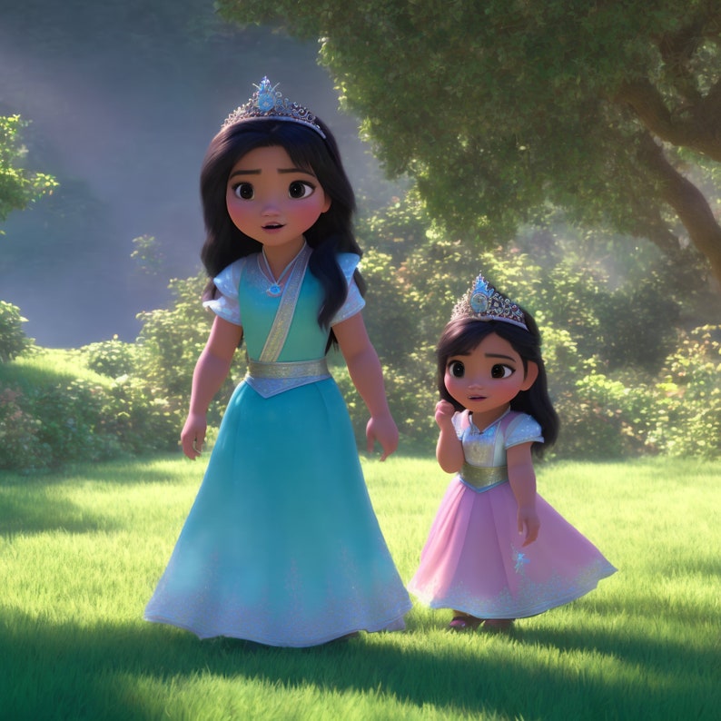 May include: Two young girls wearing princess dresses and crowns. The girl on the left is wearing a teal dress with a silver belt and a silver necklace. The girl on the right is wearing a pink dress with a silver belt. Both girls have dark hair and brown eyes.