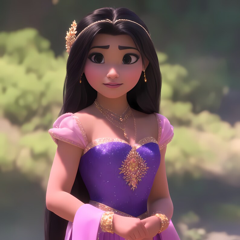 May include: A young woman with long dark hair wearing a purple and pink dress with gold accents and jewelry. She is looking to the side with a soft expression.