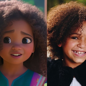 May include: A side-by-side comparison of a young girl with curly brown hair. On the left, a cartoon illustration of the girl with large brown eyes and a bright smile. On the right, a photograph of the same girl with a similar hairstyle and a bright smile.