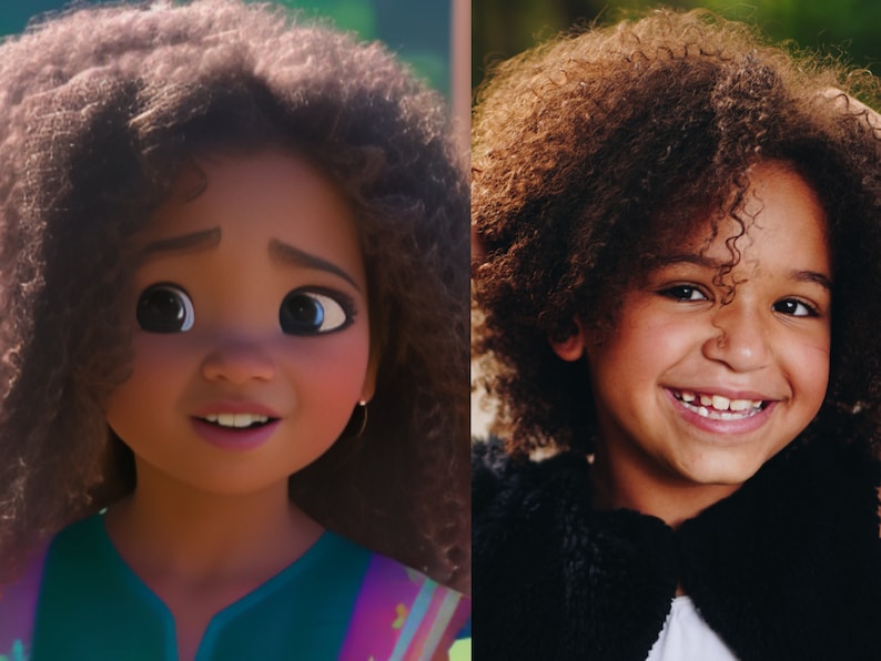 May include: A side-by-side comparison of a young girl with curly brown hair. On the left, a cartoon illustration of the girl with large brown eyes and a bright smile. On the right, a photograph of the same girl with a similar hairstyle and a bright smile.