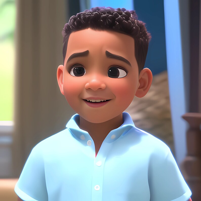 May include: A young boy with short, curly brown hair is wearing a light blue collared shirt. He is smiling and looking to the side.