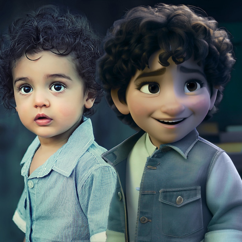 May include: Two young boys, one with dark curly hair wearing a light blue striped shirt and the other with dark curly hair wearing a blue denim jacket over a white shirt.