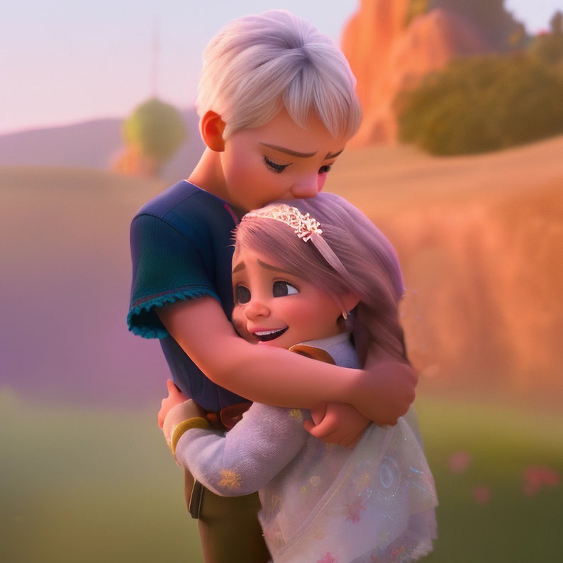 May include: A young girl with blonde hair is being hugged by a young boy with white hair. The girl is wearing a white and blue dress with a gold headband. The boy is wearing a blue shirt and brown pants. They are both smiling.