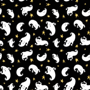 Boo! Glow in the Dark Quilt Fabric by Henry Glass - Tossed Ghost Black : HEG246G-99