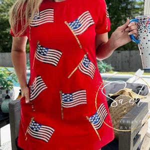 American flag sequin T-shirt dress, Fourth of July Patriotic Red White Blue Dress