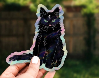 Holographic Space Cat Sticker, Black Cat Sticker, Holo Sticker
