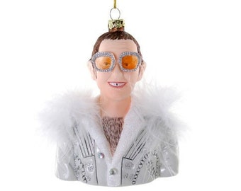 Iconic Silver Feathered Outfit w/Oversized Glasses - Glass Ornament