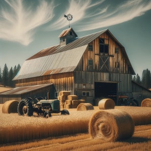Een foto van een oude verweerde schuur op een boerderij. De schuur is gemaakt van oud hout, met een roestig metalen dak omgeven door hoge gouden tarwevelden